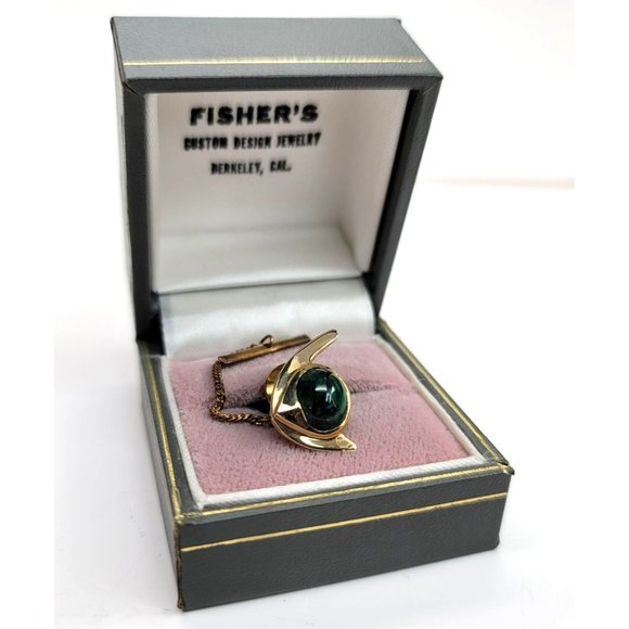 14k Yellow Gold Malachite Angel Fish Tie Tack Pin Vintage Artisan Made CT409 - Picture 3 of 16